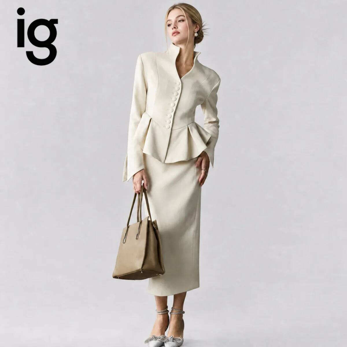 Women'S Fashion Blazer - IG26 Women's Stand Collar Peplum Blazer